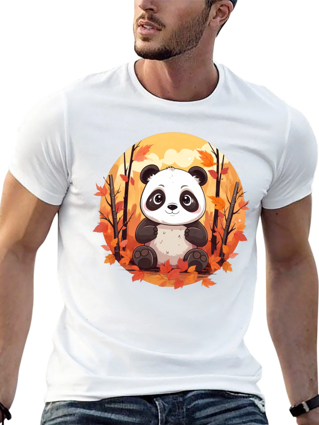 Panda Autumn Leaves Black T-Shirt