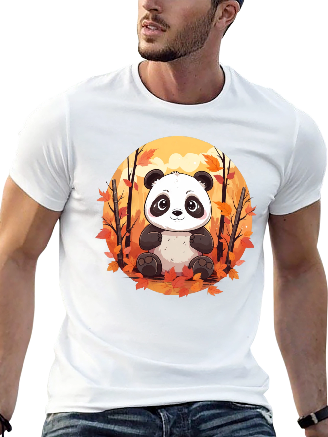 Panda Autumn Leaves Black T-Shirt