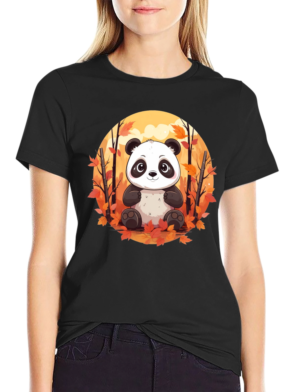 Panda Autumn Leaves Black T-Shirt
