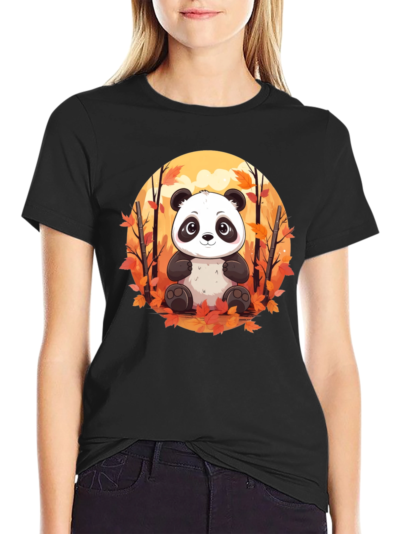 Panda Autumn Leaves Black T-Shirt