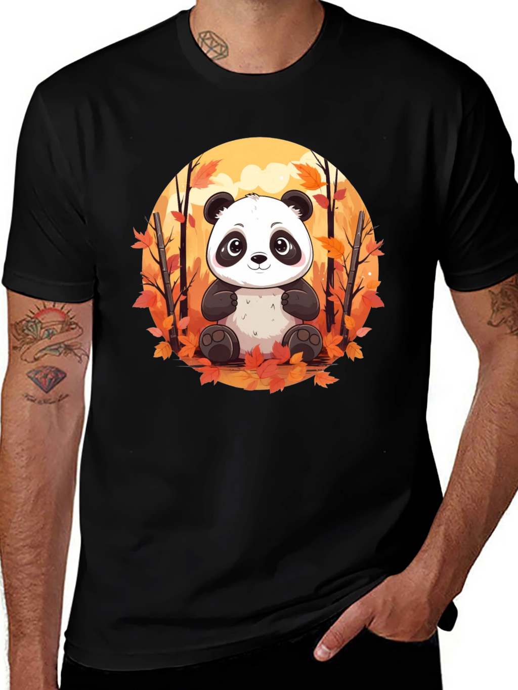 Panda Autumn Leaves Black T-Shirt