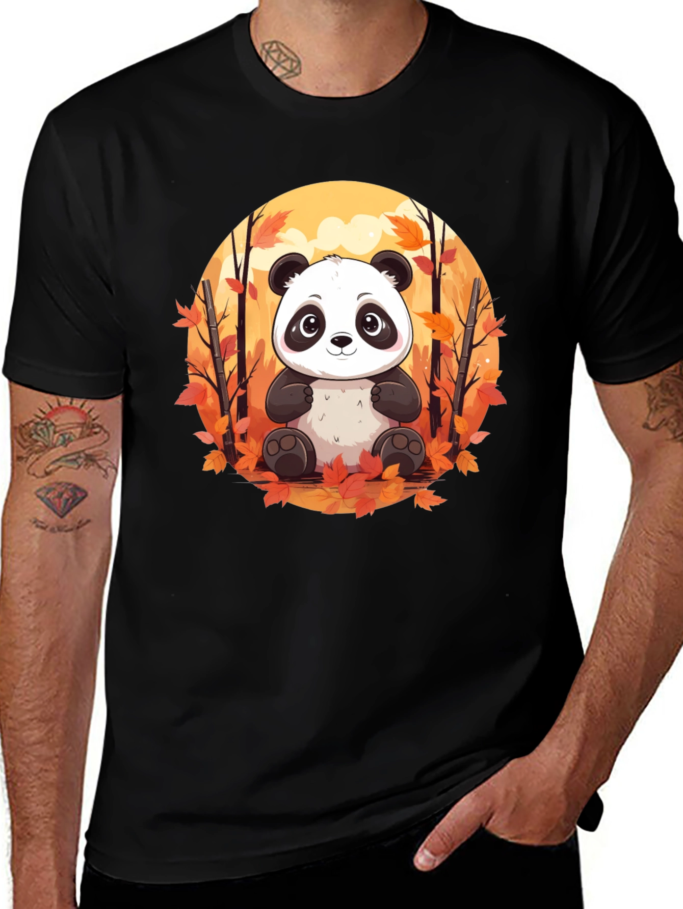 Panda Autumn Leaves Black T-Shirt