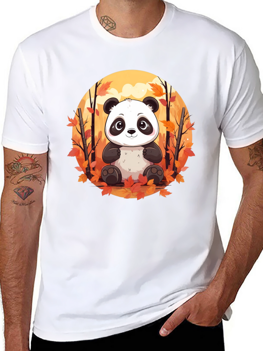 Panda Autumn Leaves Black T-Shirt