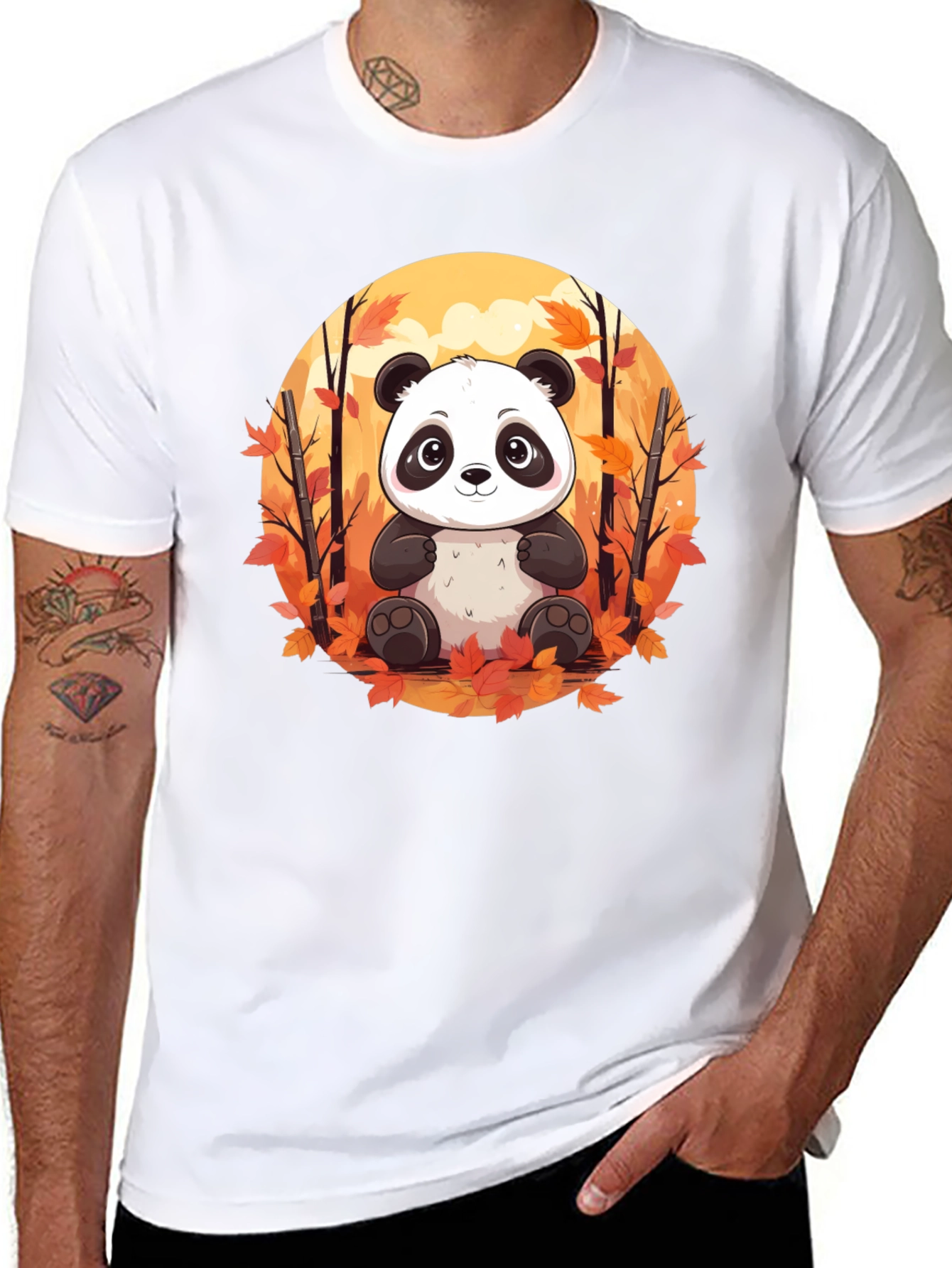 Panda Autumn Leaves Black T-Shirt