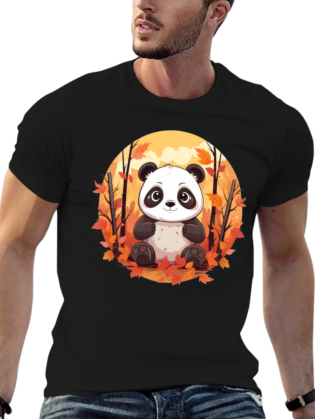 Panda Autumn Leaves Black T-Shirt