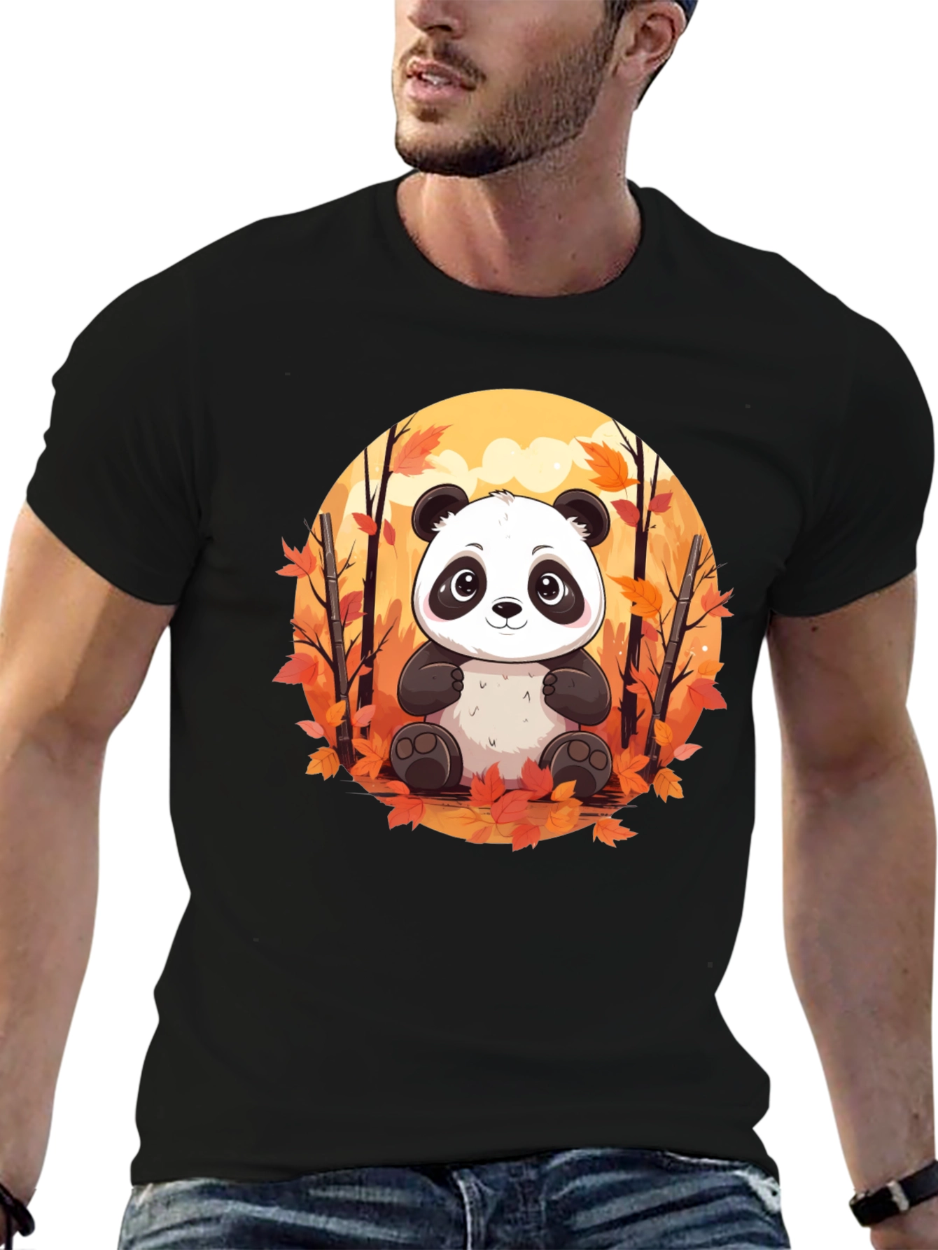 Panda Autumn Leaves Black T-Shirt