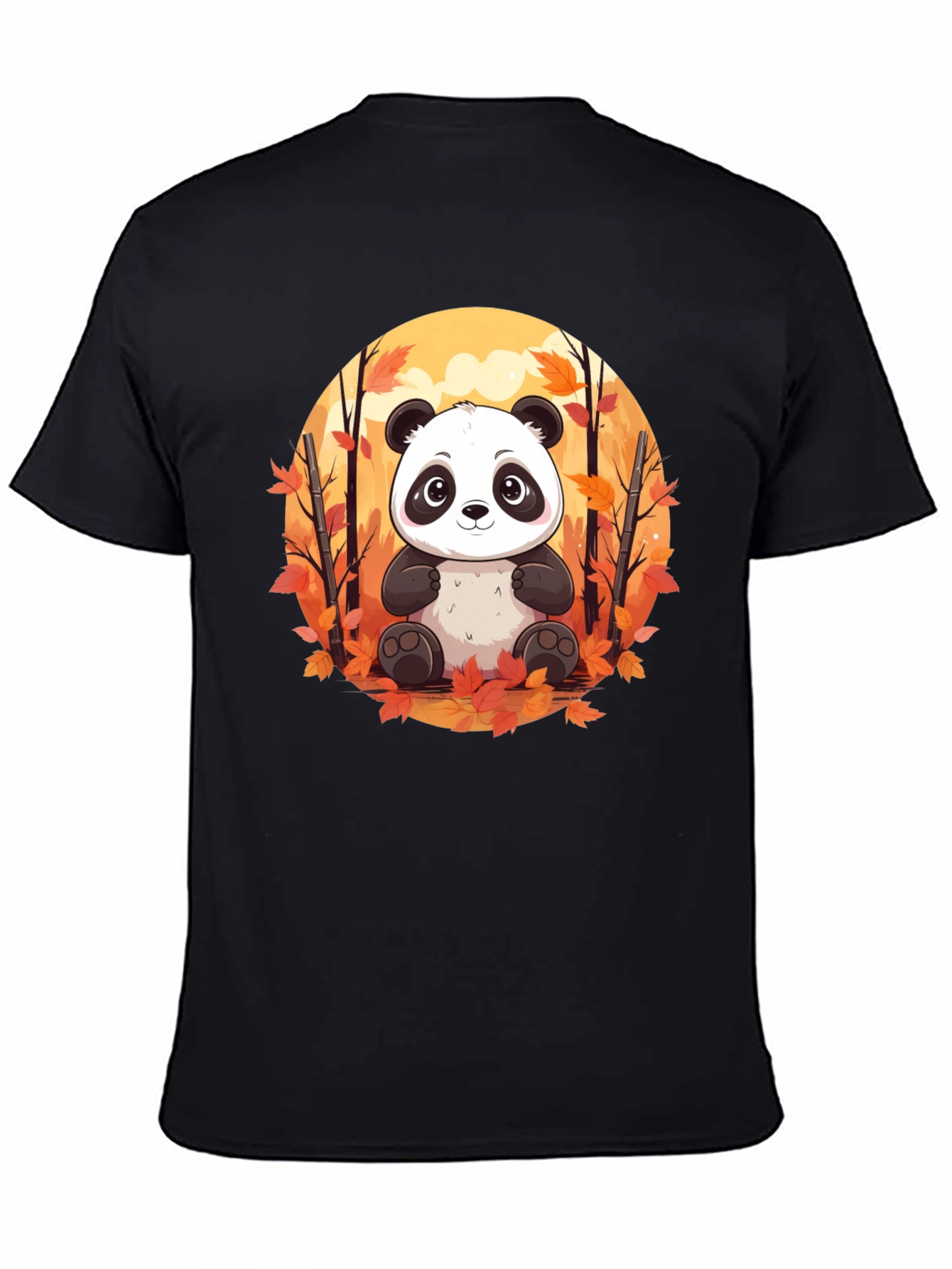 Panda Autumn Leaves Black T-Shirt