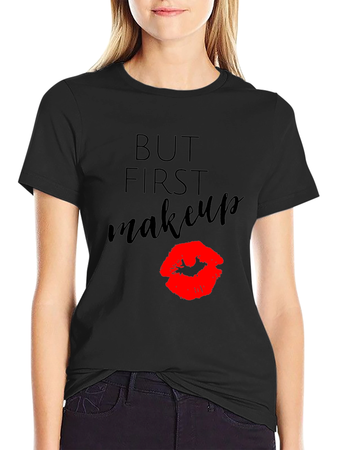 But First Makeup Black Tee with Lip Print
