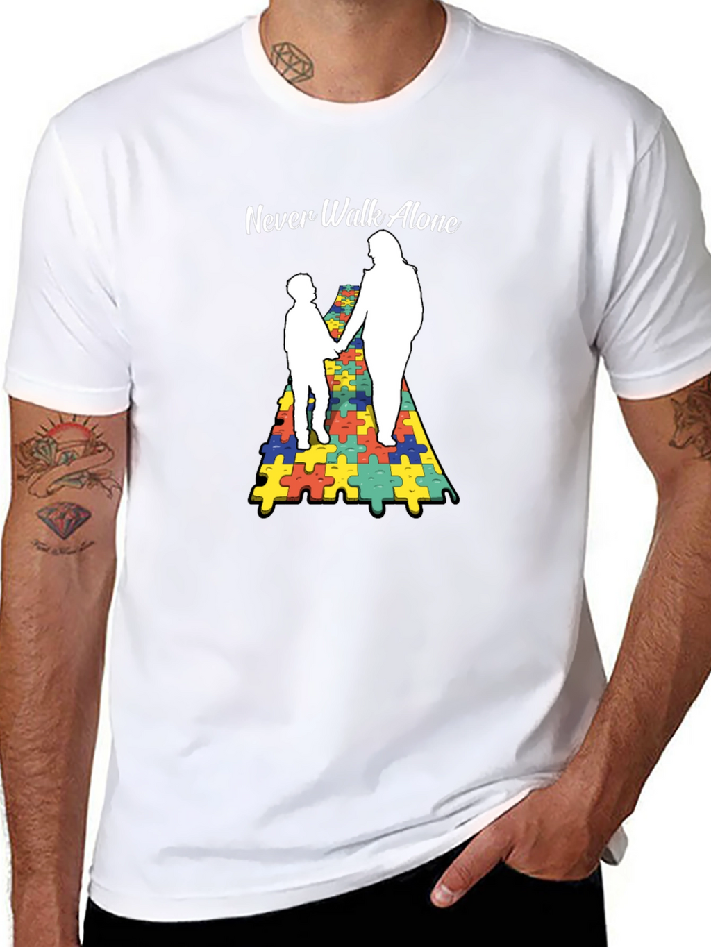 Autism Awareness Tee: Never Walk Alone Puzzle Graphic