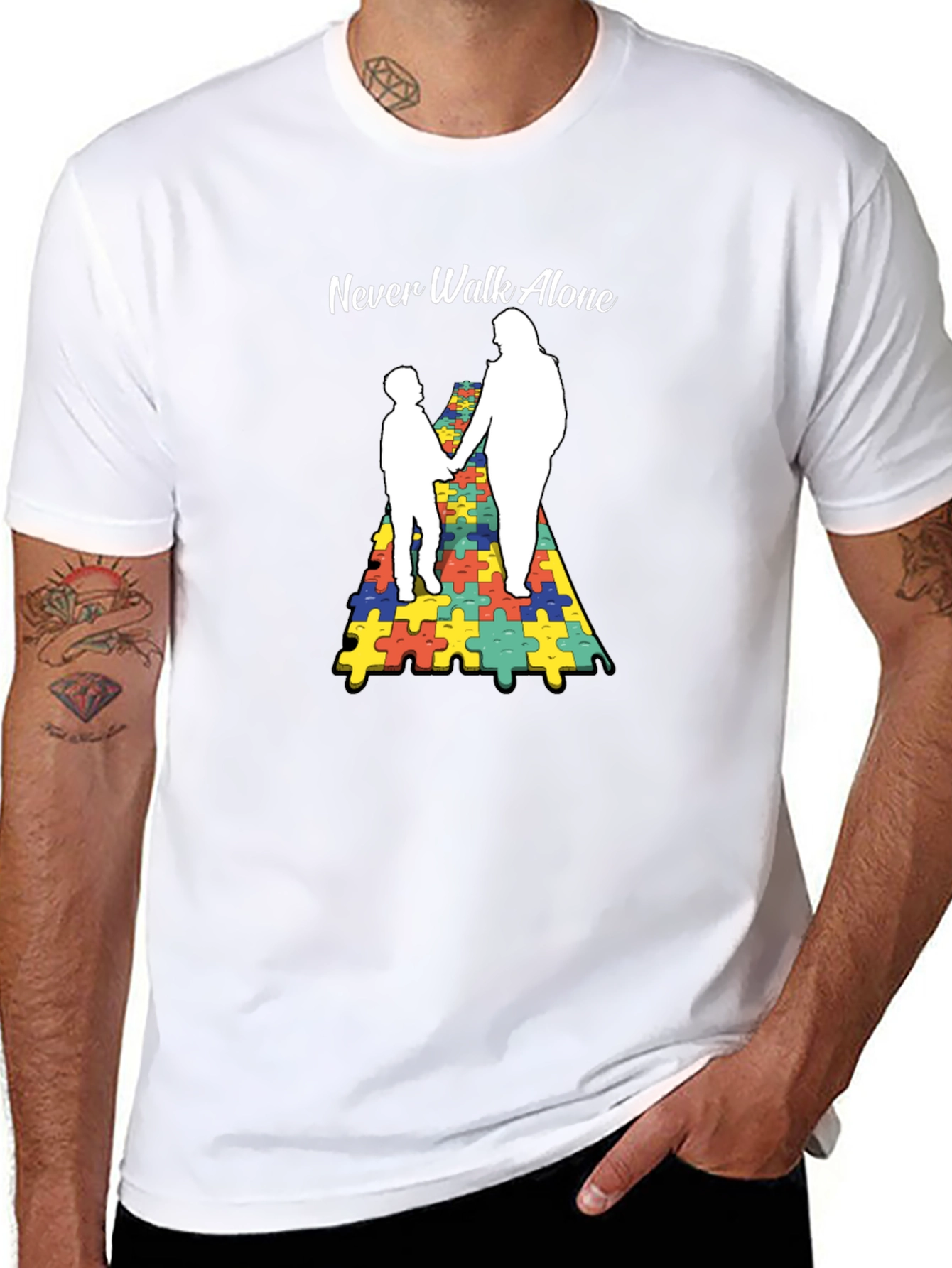 Autism Awareness Tee: Never Walk Alone Puzzle Graphic
