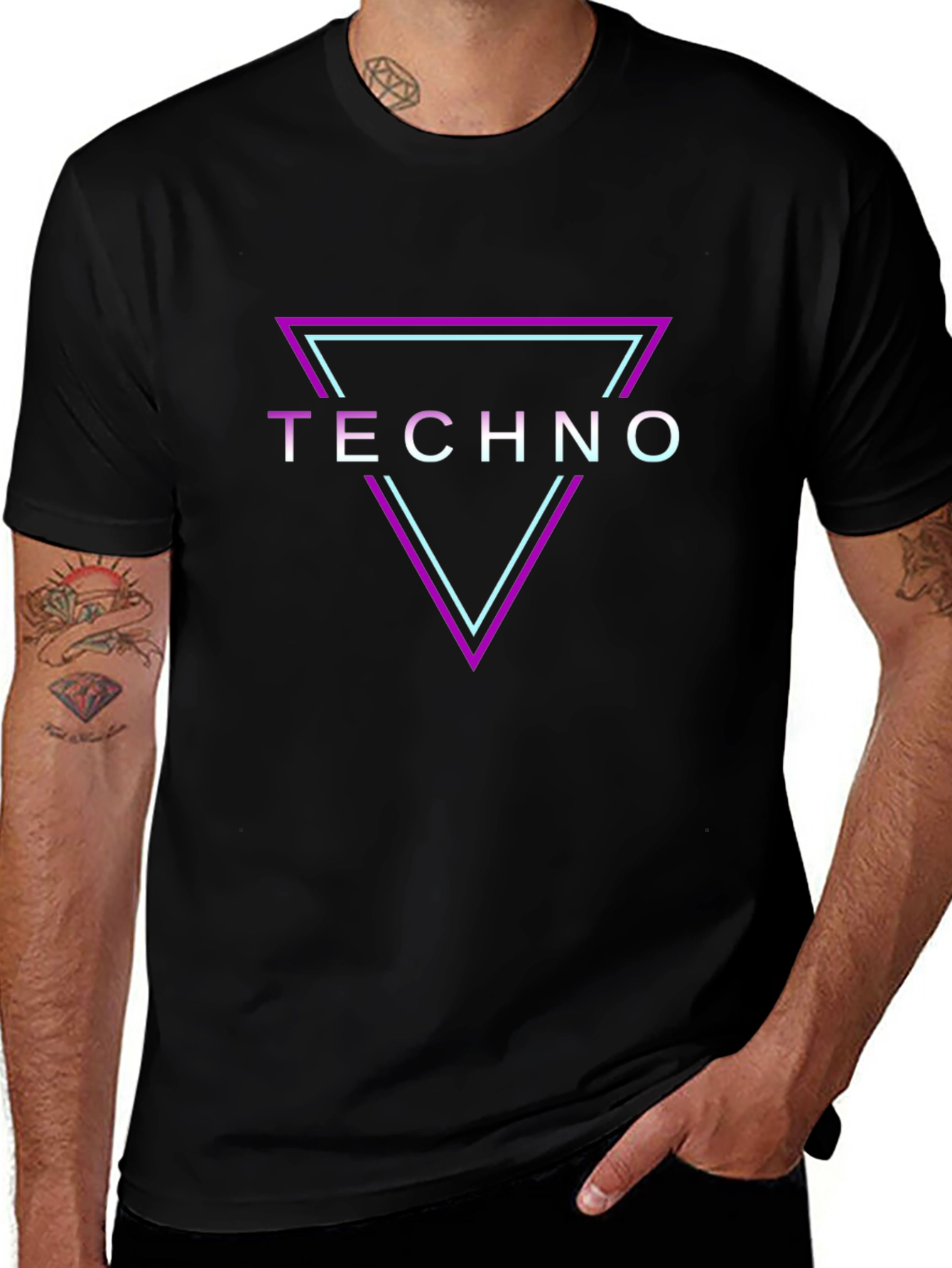 Techno Graphic Tee - Black Neon Triangle Shirt