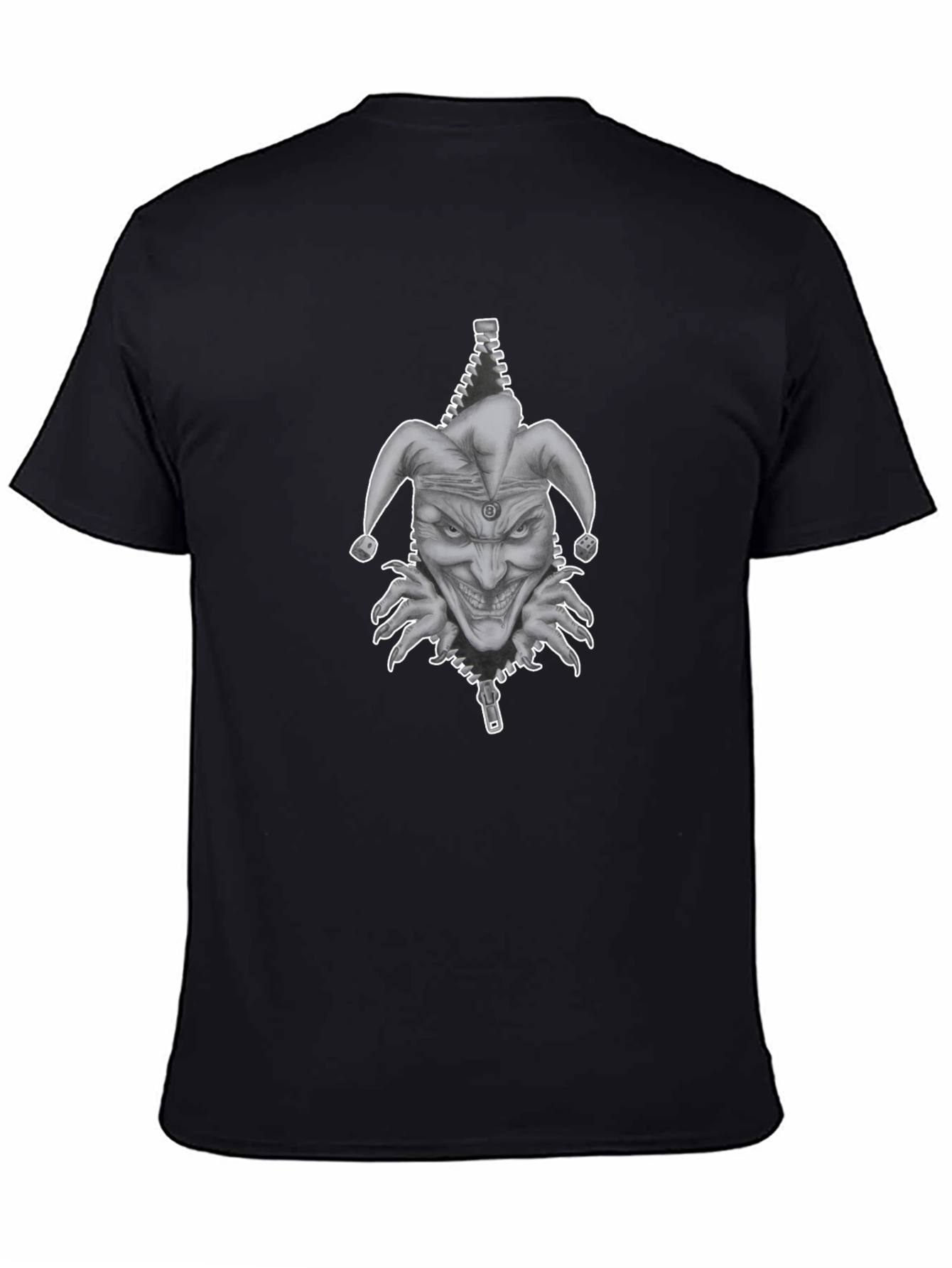Mens Black Graphic Tee - Evil Jester Zipper Design