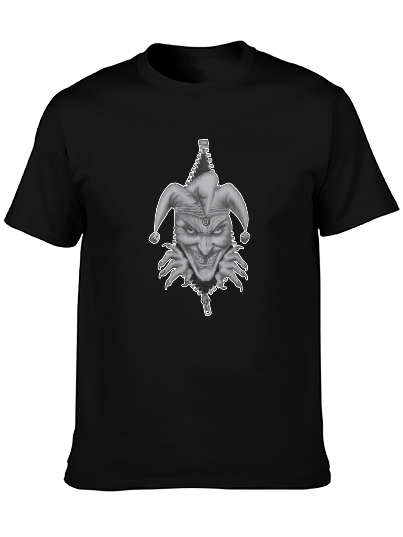 Mens Black Graphic Tee - Evil Jester Zipper Design