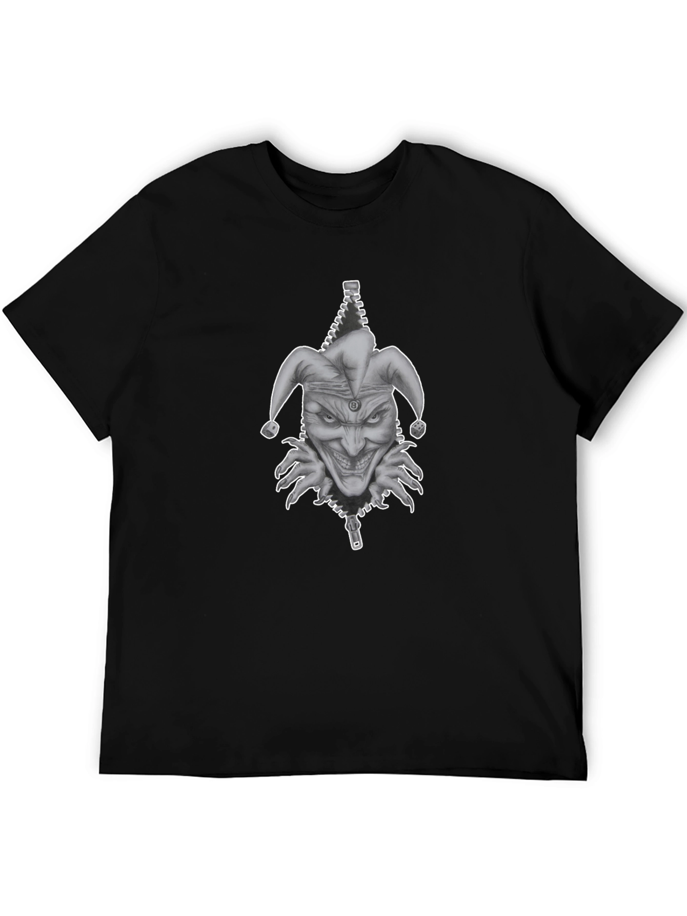 Mens Black Graphic Tee - Evil Jester Zipper Design