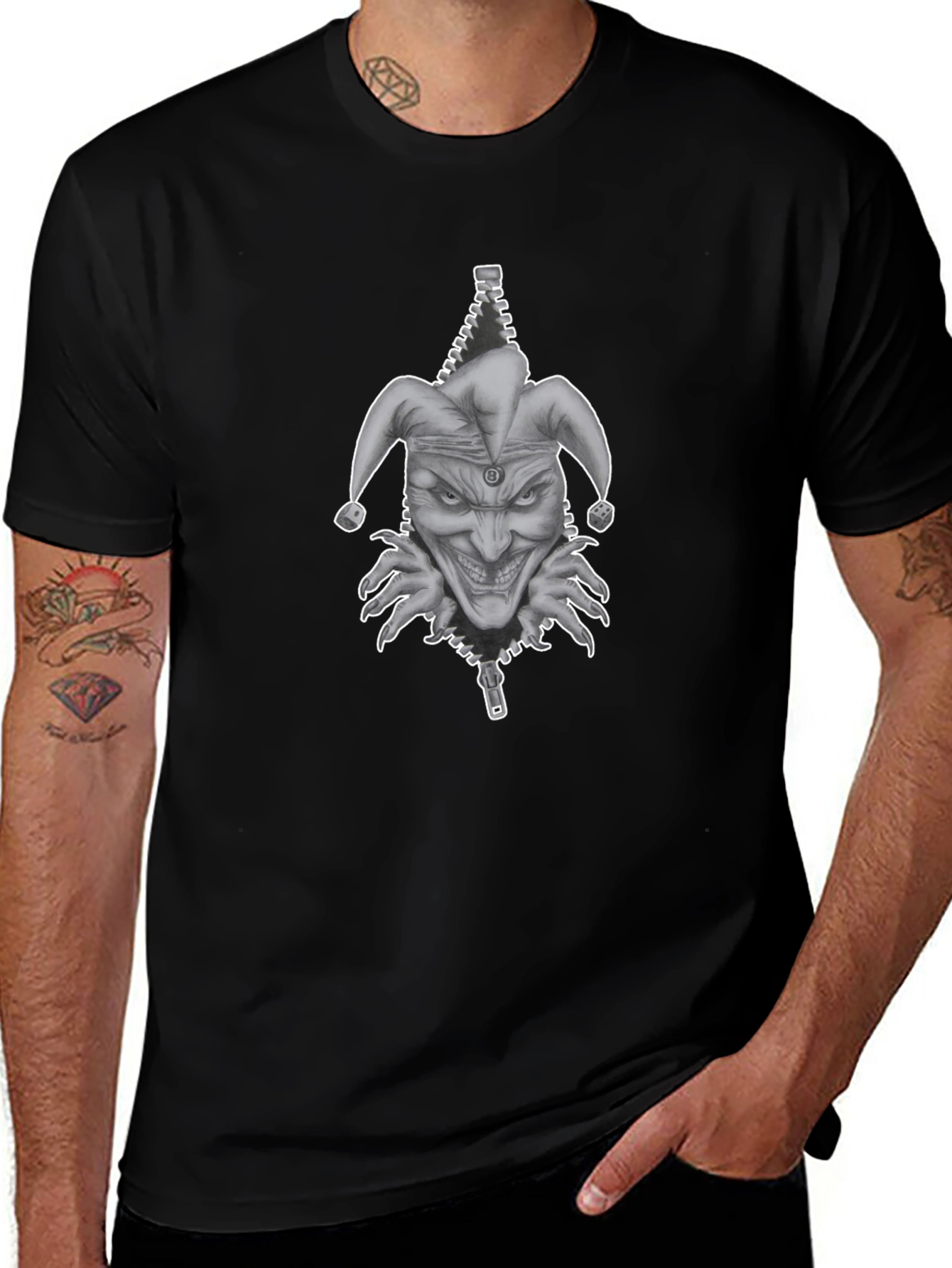 Mens Black Graphic Tee - Evil Jester Zipper Design