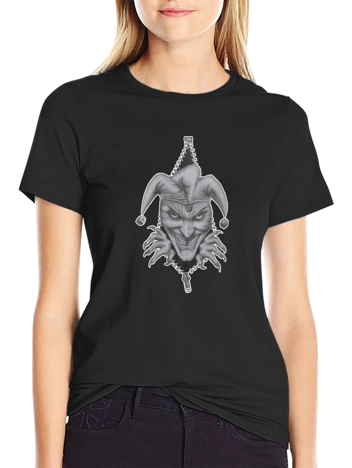 Mens Black Graphic Tee - Evil Jester Zipper Design
