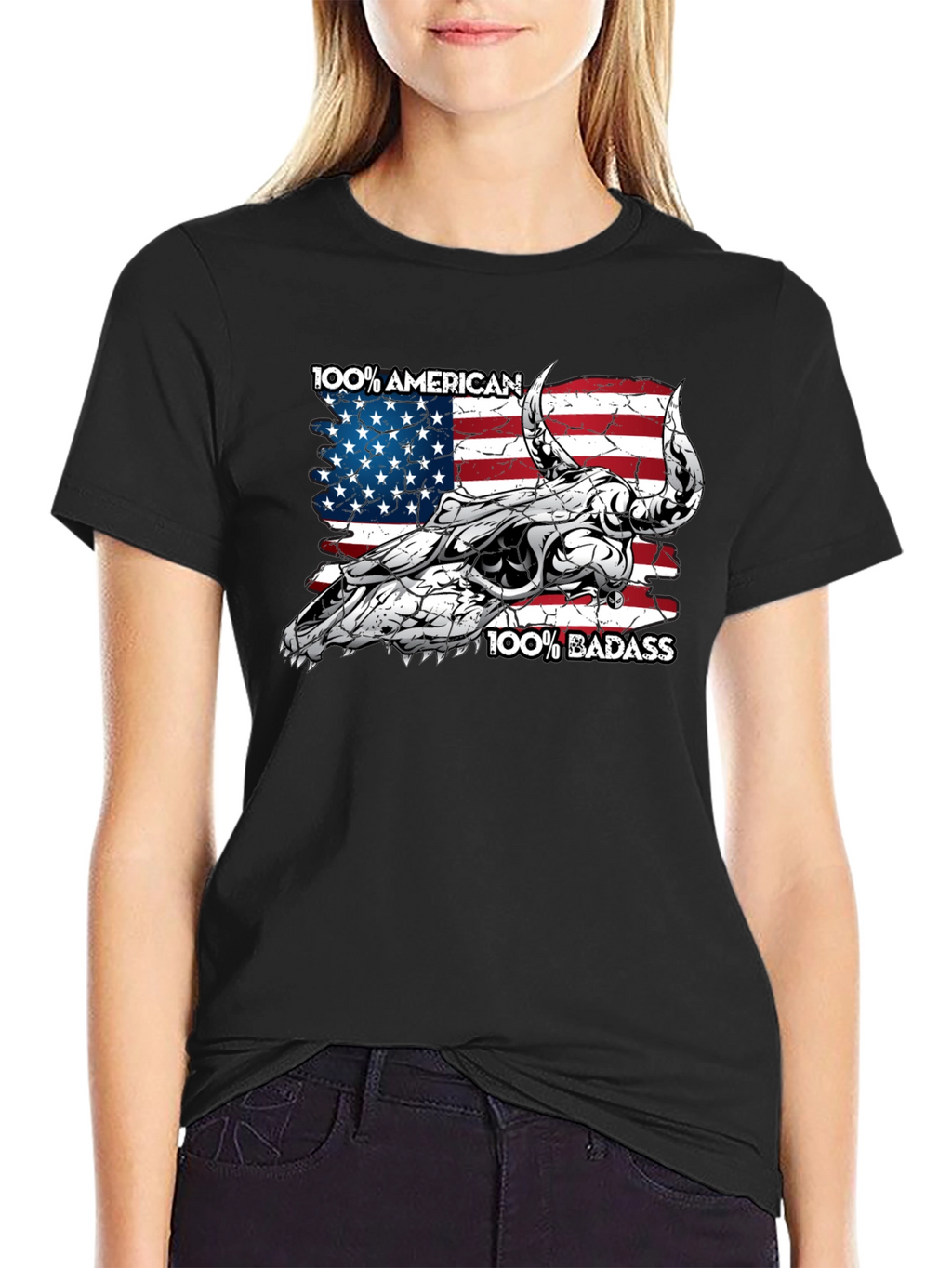 American Badass Bull Skull Graphic Tee - Black
