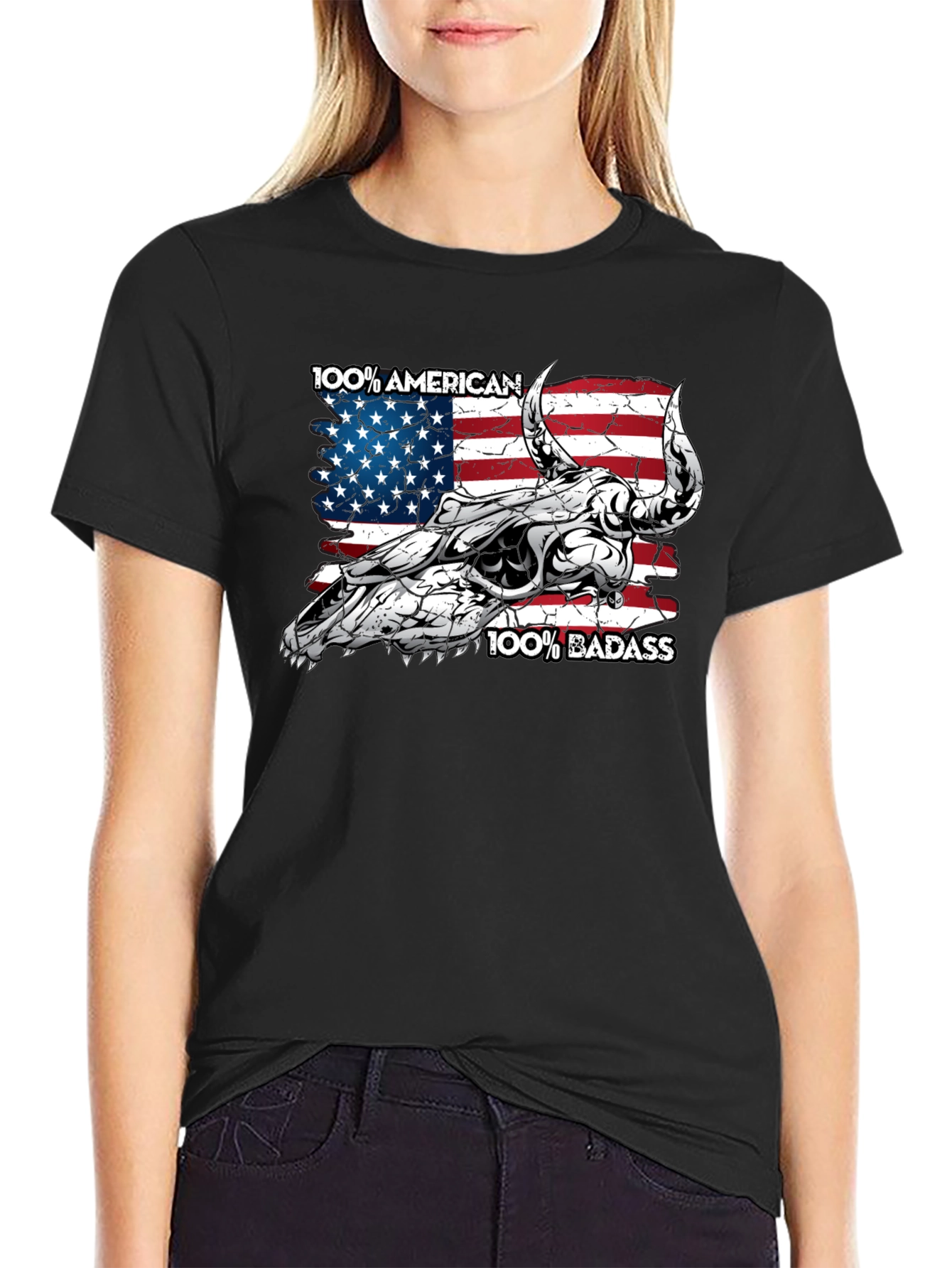 American Badass Bull Skull Graphic Tee - Black