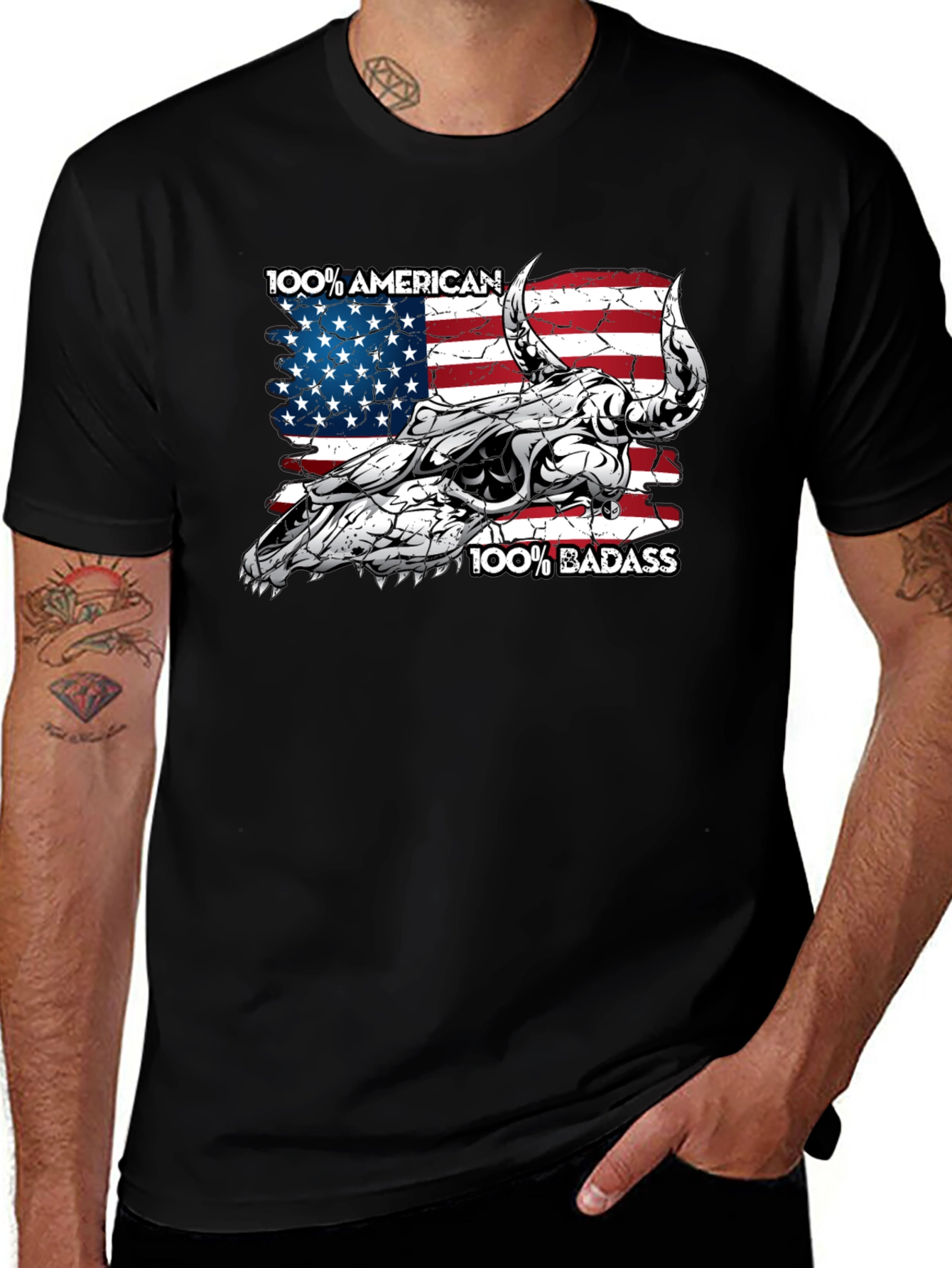 American Badass Bull Skull Graphic Tee - Black