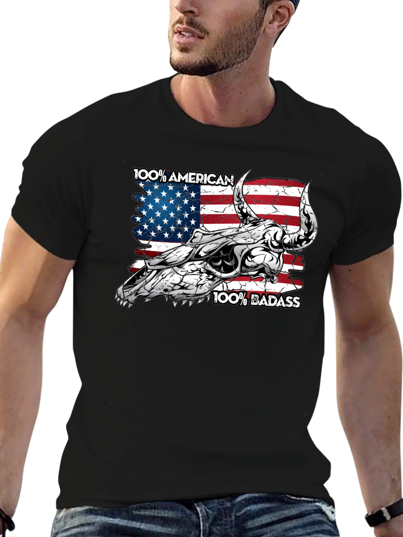 American Badass Bull Skull Graphic Tee - Black