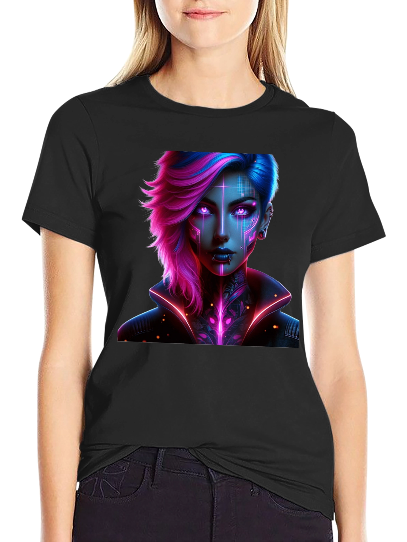 Cyberpunk Girl T-Shirt - Futuristic Neon Design