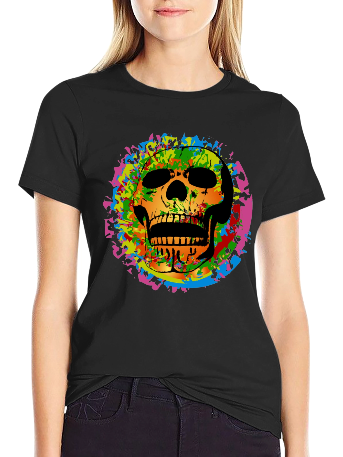 Colorful Skull Graphic Tee - Edgy Mens Black T-Shirt