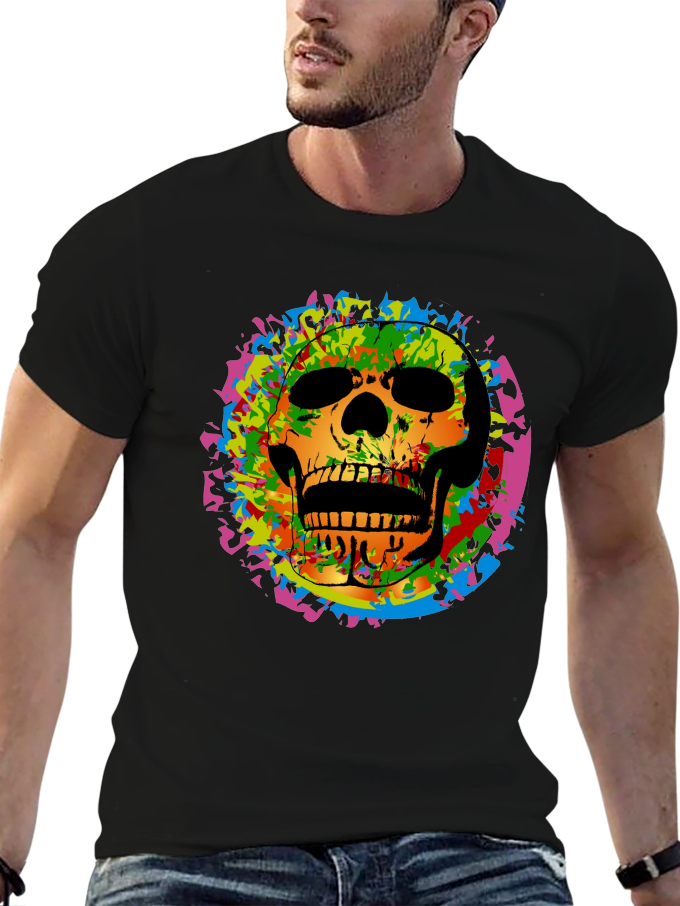 Colorful Skull Graphic Tee - Edgy Mens Black T-Shirt