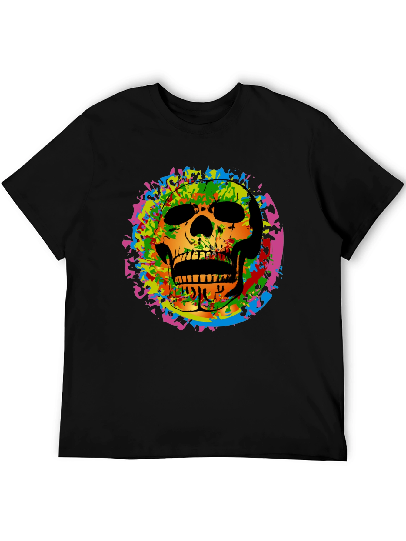 Colorful Skull Graphic Tee - Edgy Mens Black T-Shirt