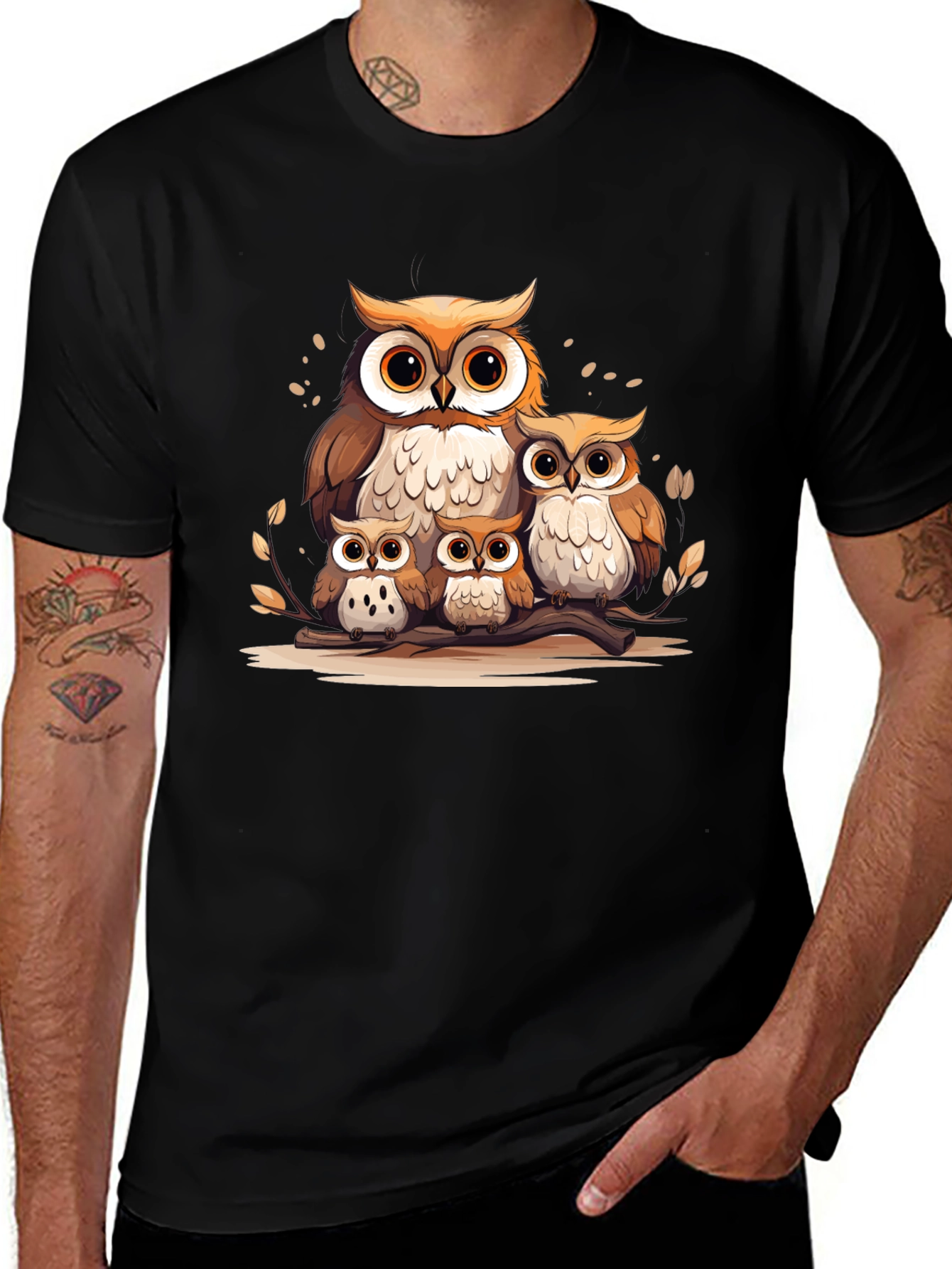 Owl Family Graphic Tee - Black Cotton T-Shirt