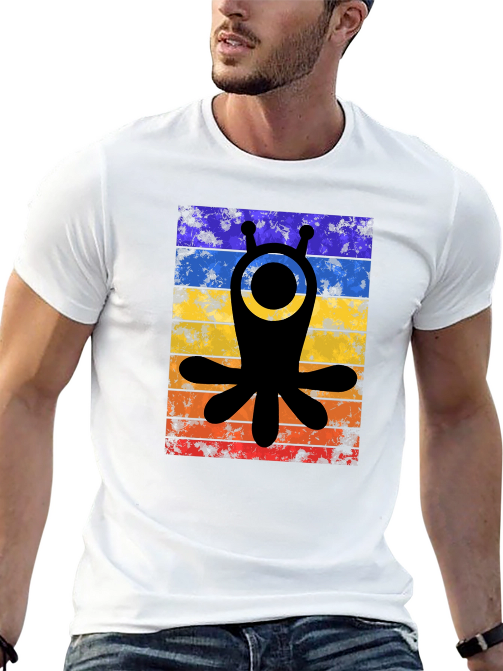 Retro Alien Tee - Distressed Stripes Graphic T-Shirt