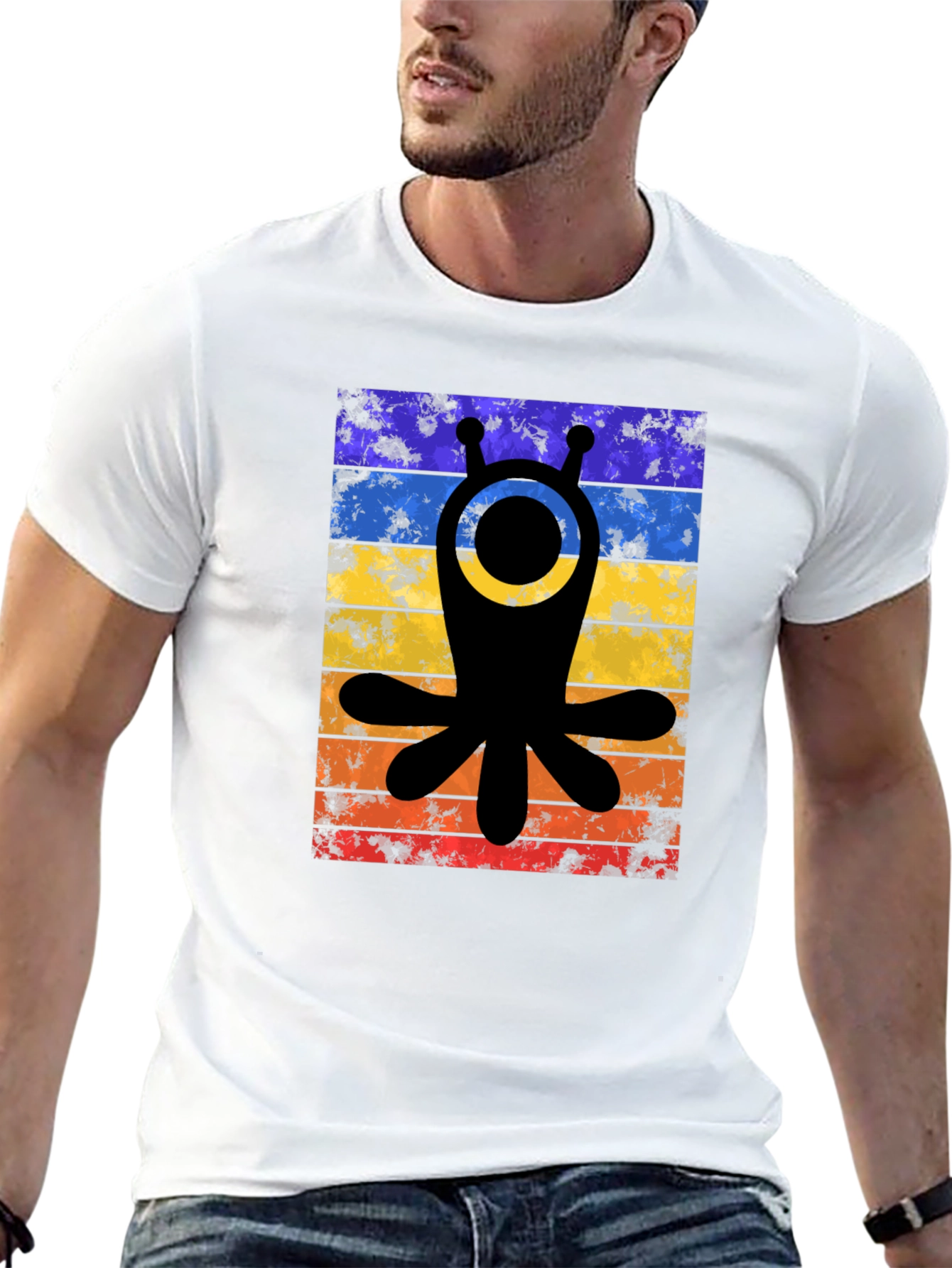 Retro Alien Tee - Distressed Stripes Graphic T-Shirt