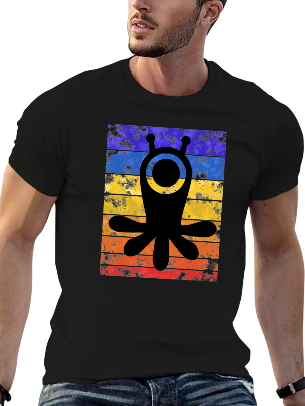 Retro Alien Tee - Distressed Stripes Graphic T-Shirt