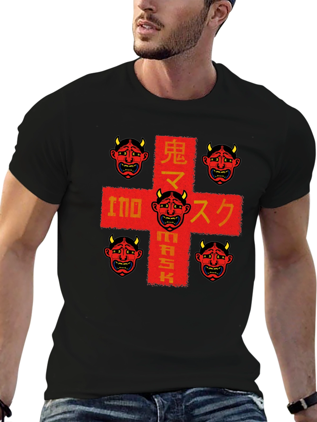 Oni Mask Graphic Tee - Japanese Demon Design