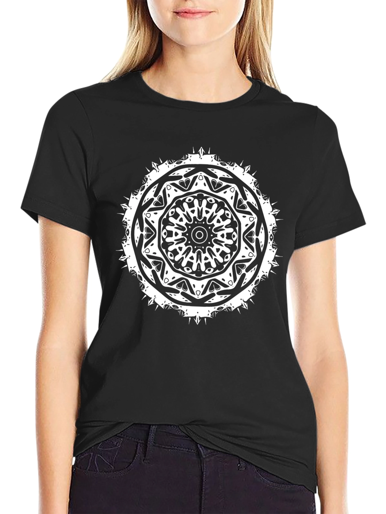 Mens Black T-Shirt with White Mandala Design