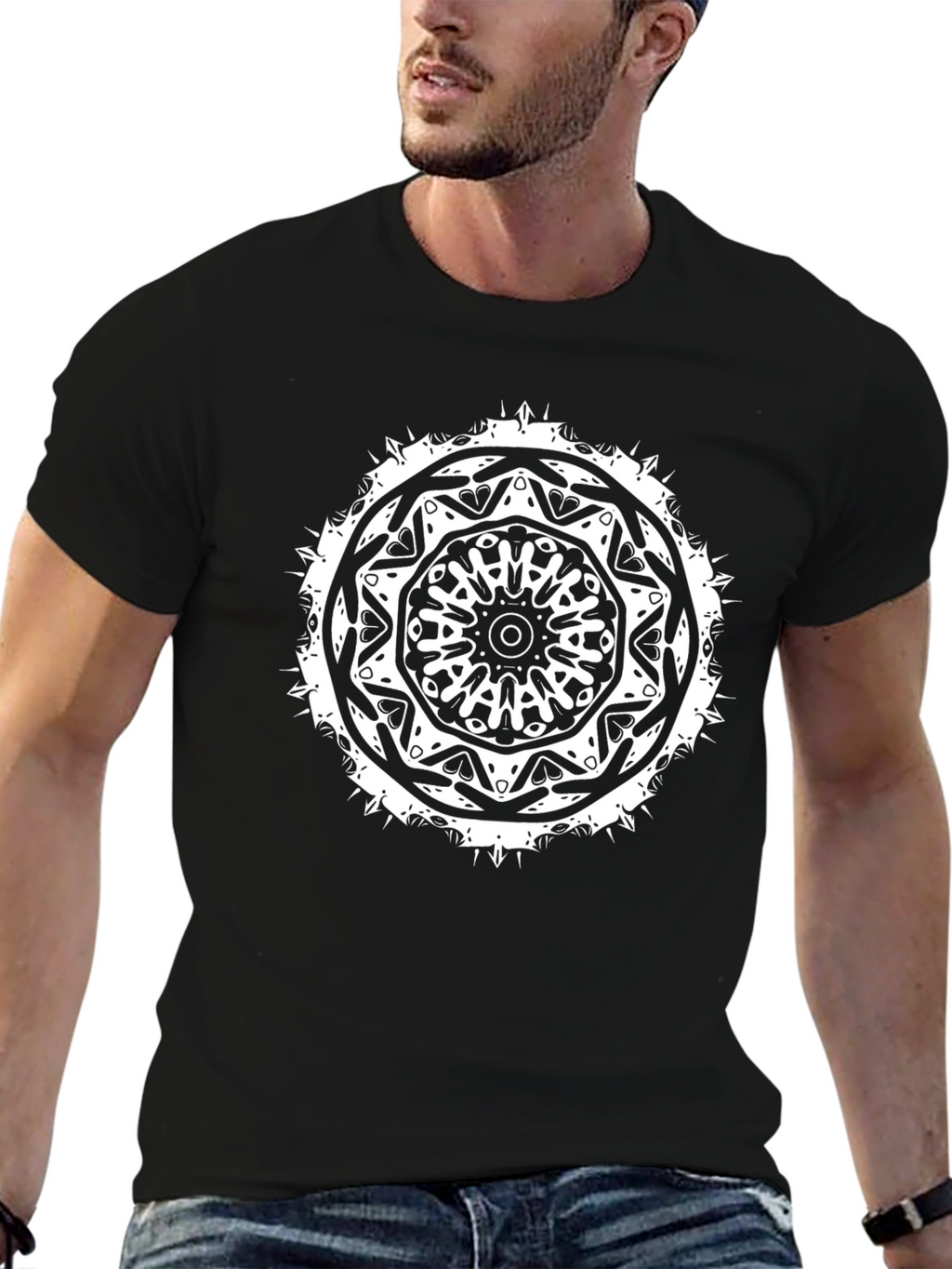 Mens Black T-Shirt with White Mandala Design