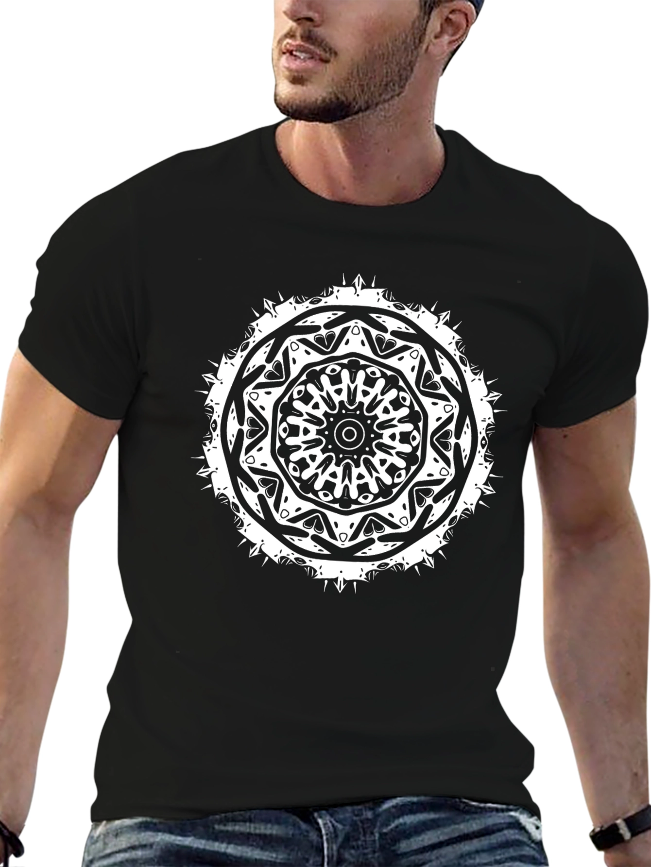 Mens Black T-Shirt with White Mandala Design