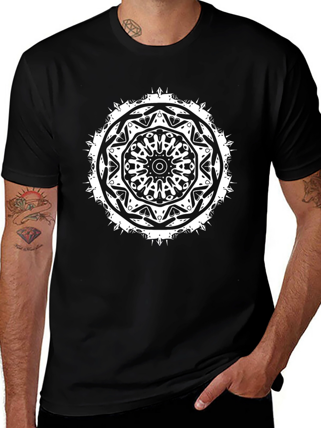 Mens Black T-Shirt with White Mandala Design