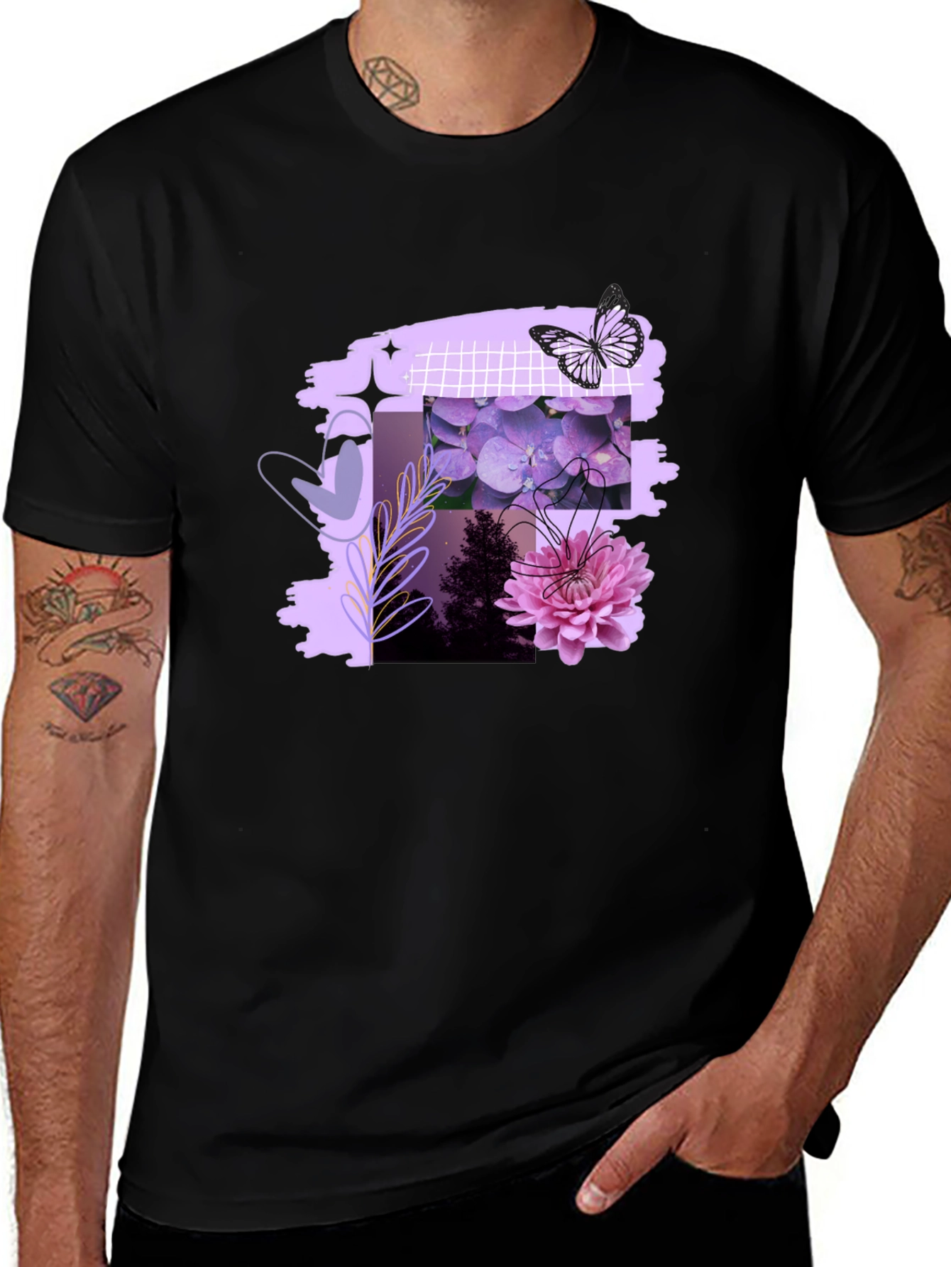 Floral Butterfly Graphic Print Mens Black Tee