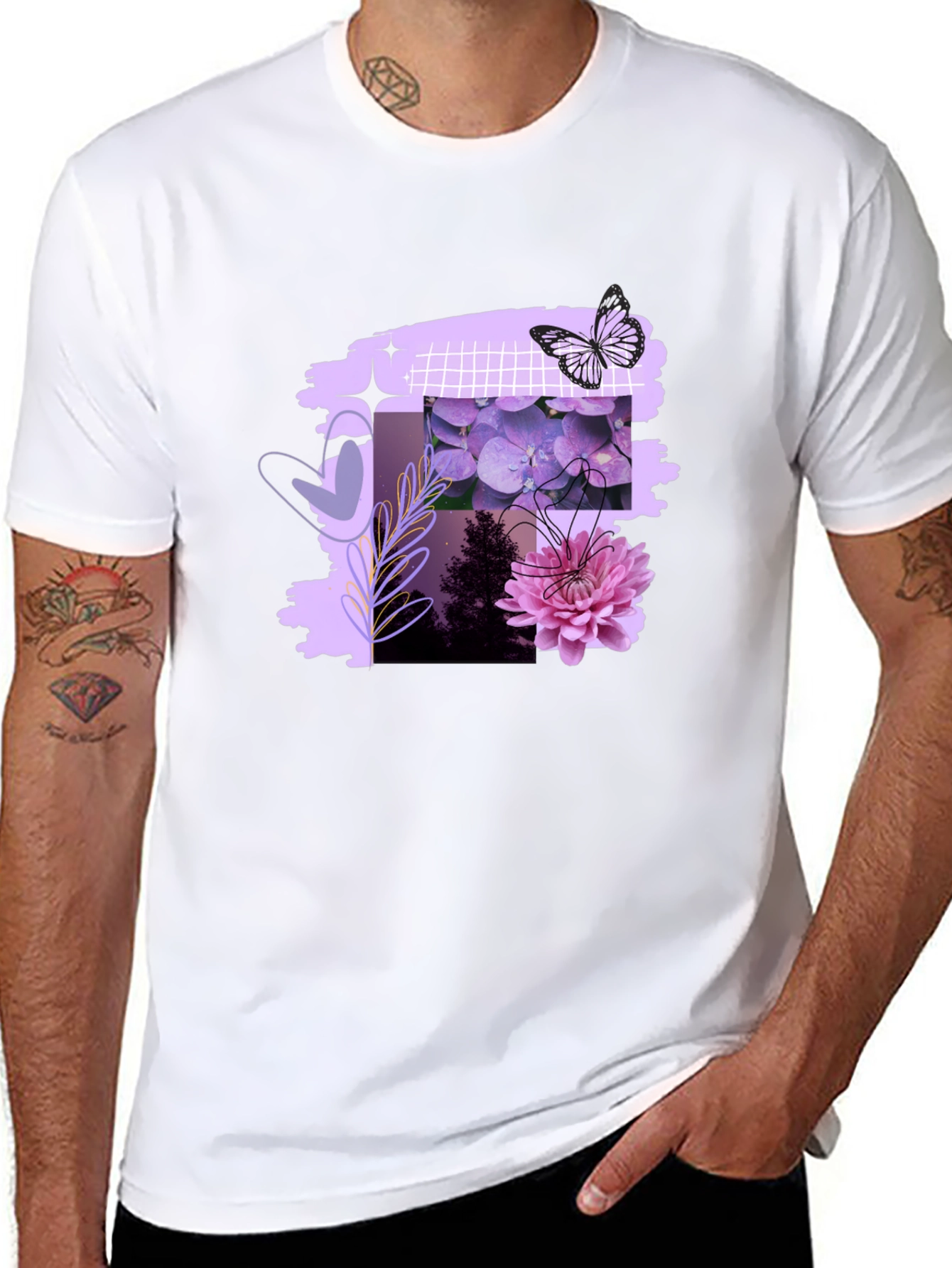 Floral Butterfly Graphic Print Mens Black Tee