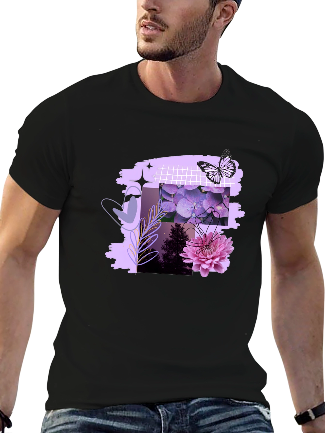 Floral Butterfly Graphic Print Mens Black Tee