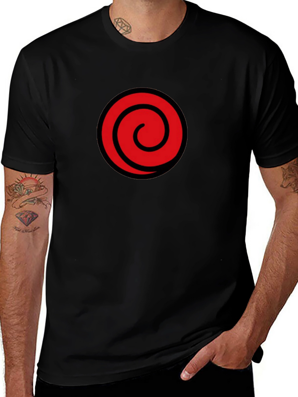Black T-Shirt with Red Spiral Graphic