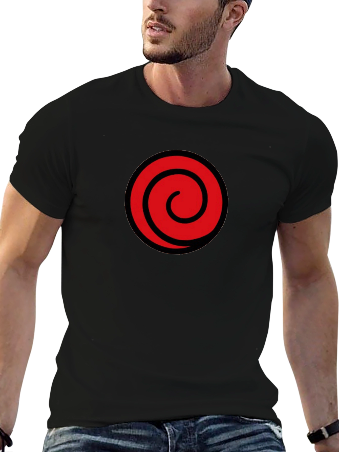 Black T-Shirt with Red Spiral Graphic