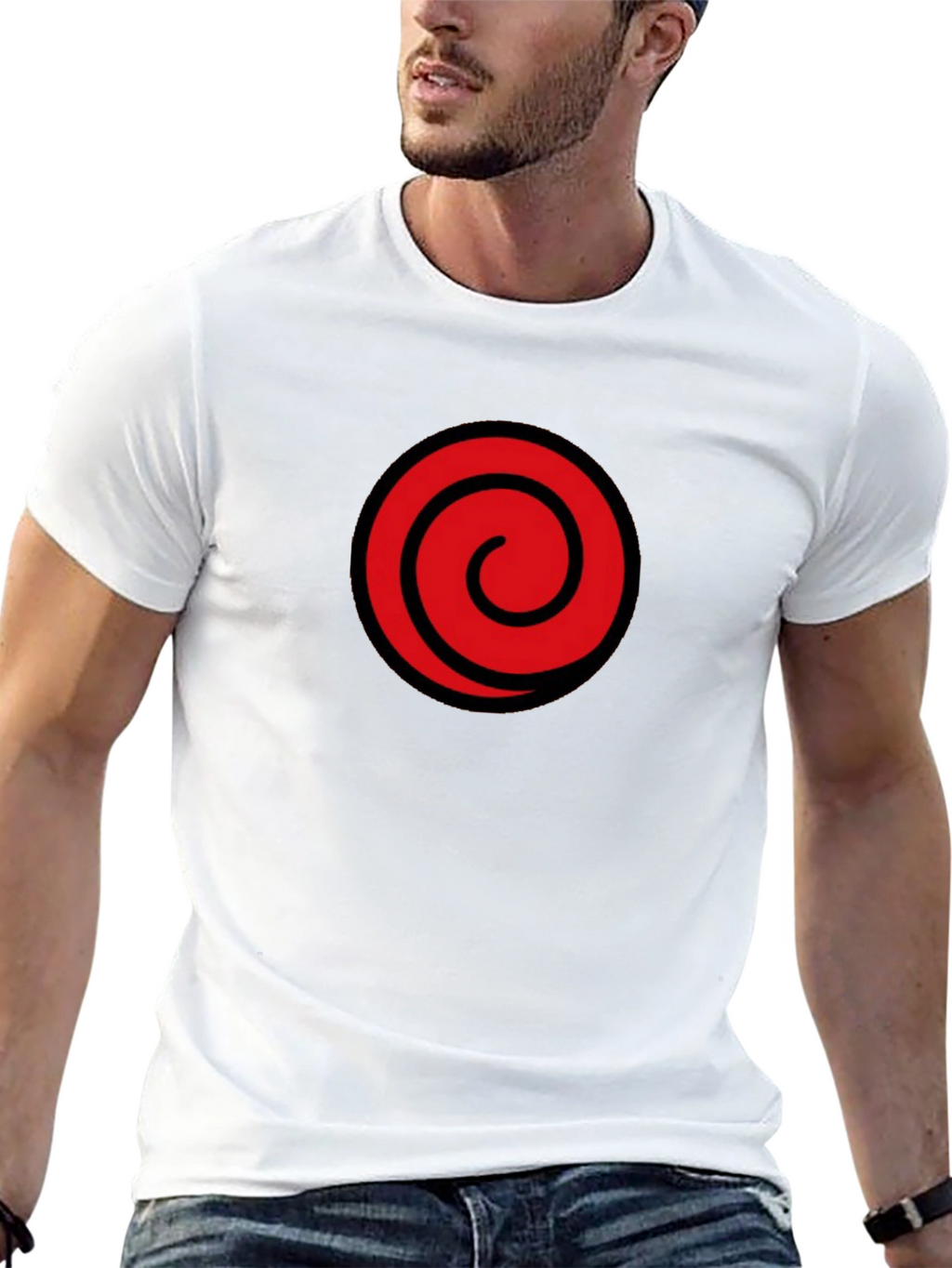 Black T-Shirt with Red Spiral Graphic