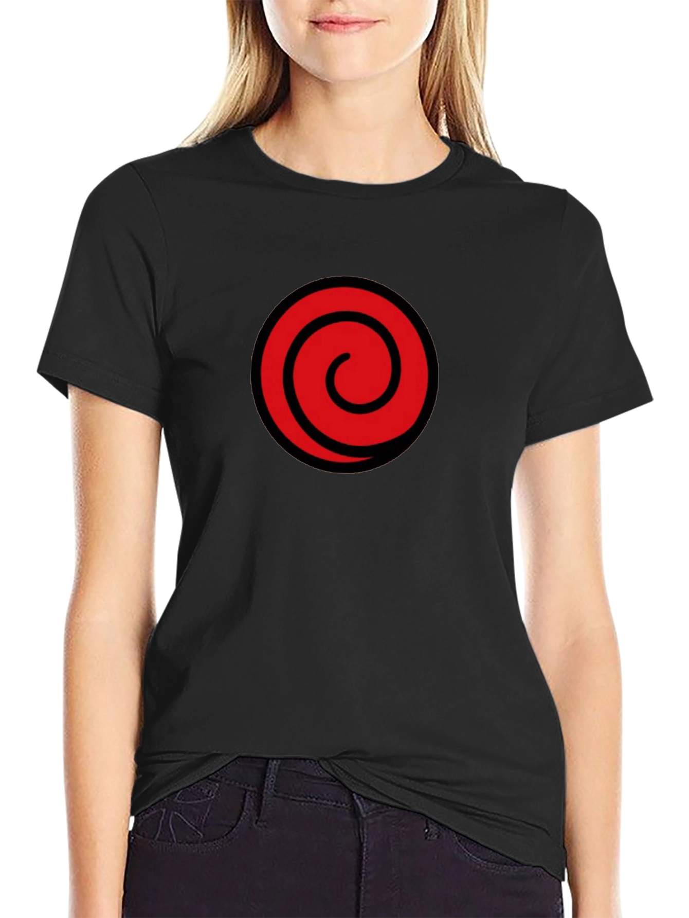 Black T-Shirt with Red Spiral Graphic