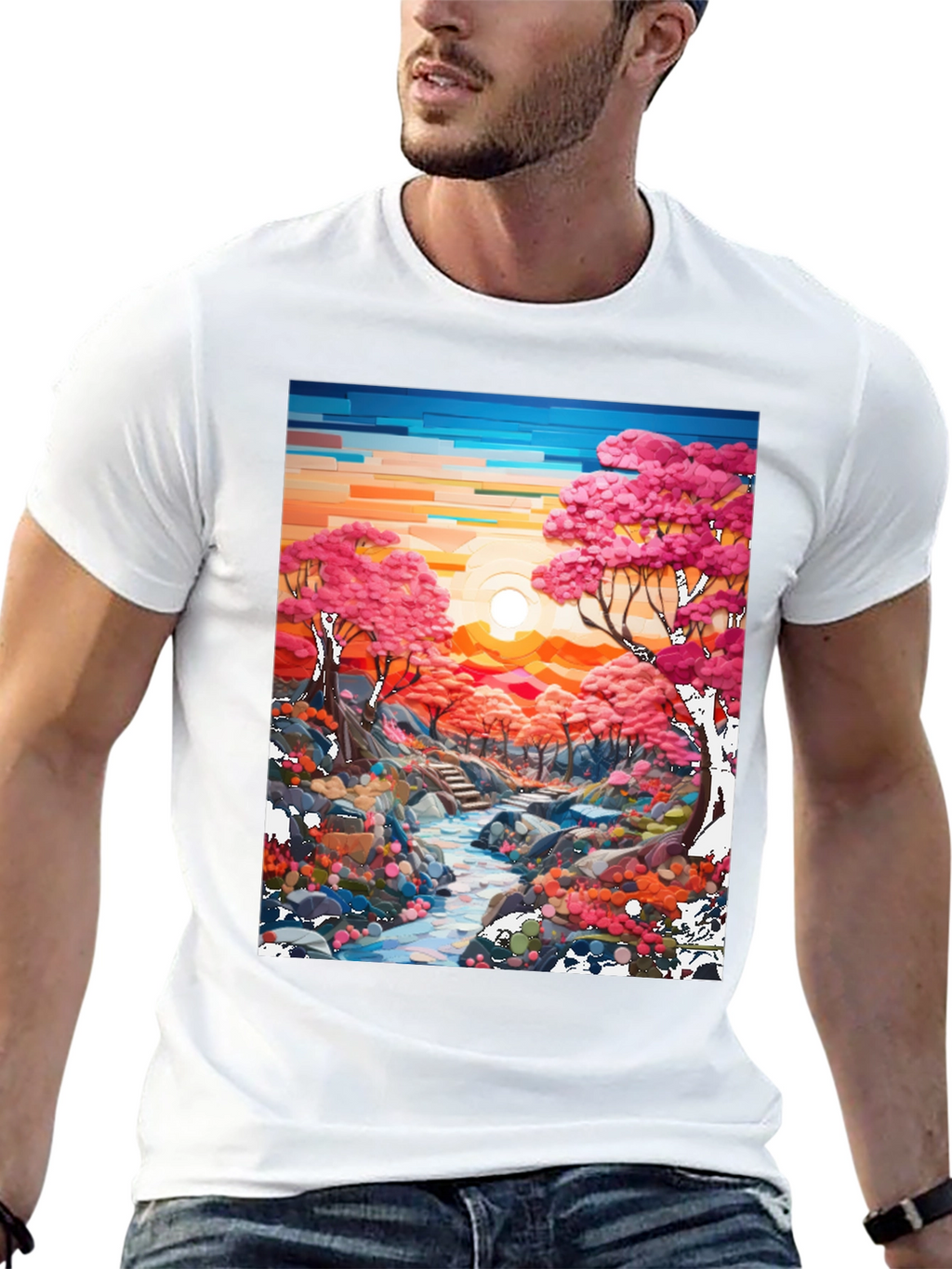 Cherry Blossom Stream Black T-Shirt