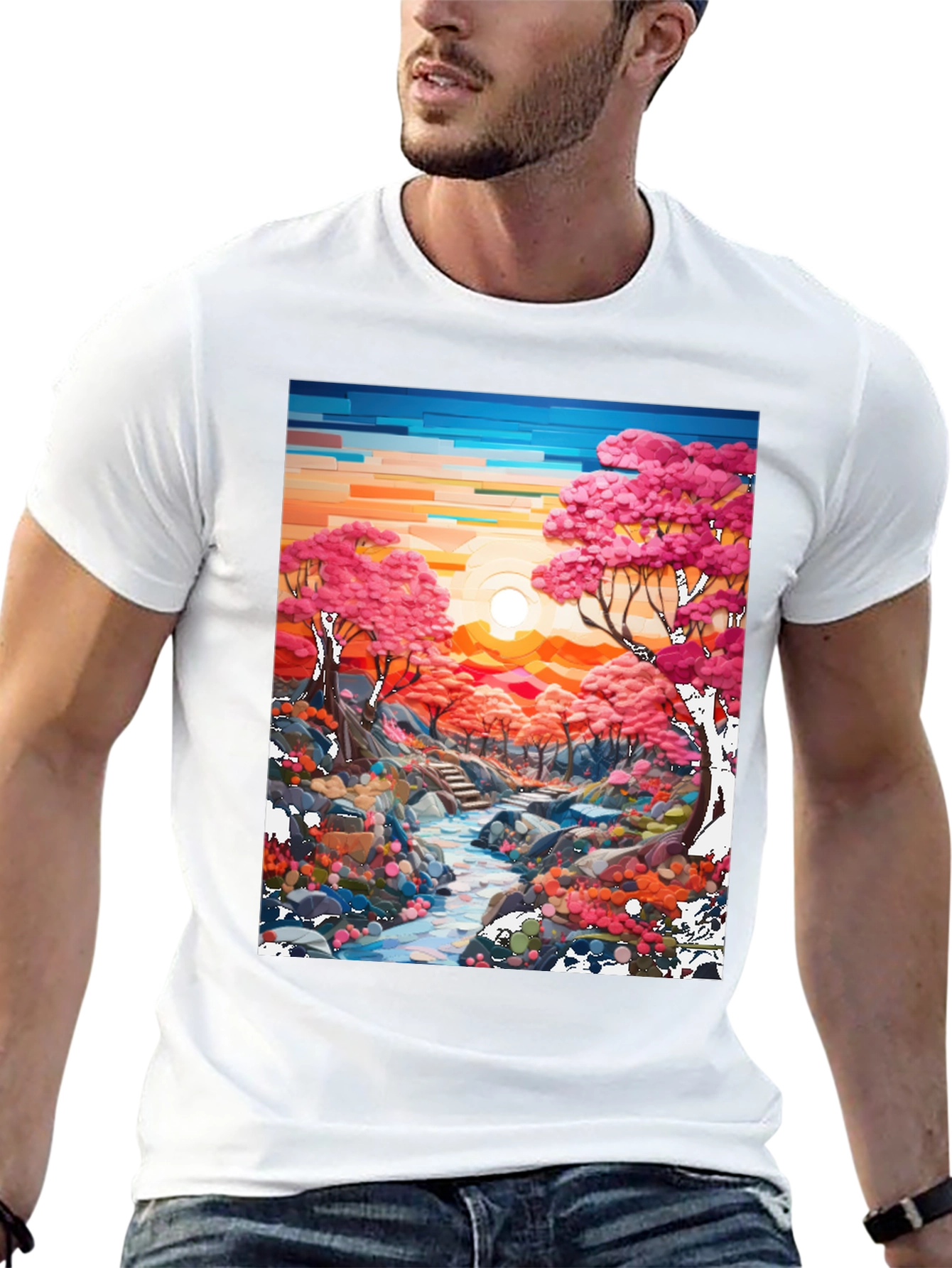 Cherry Blossom Stream Black T-Shirt
