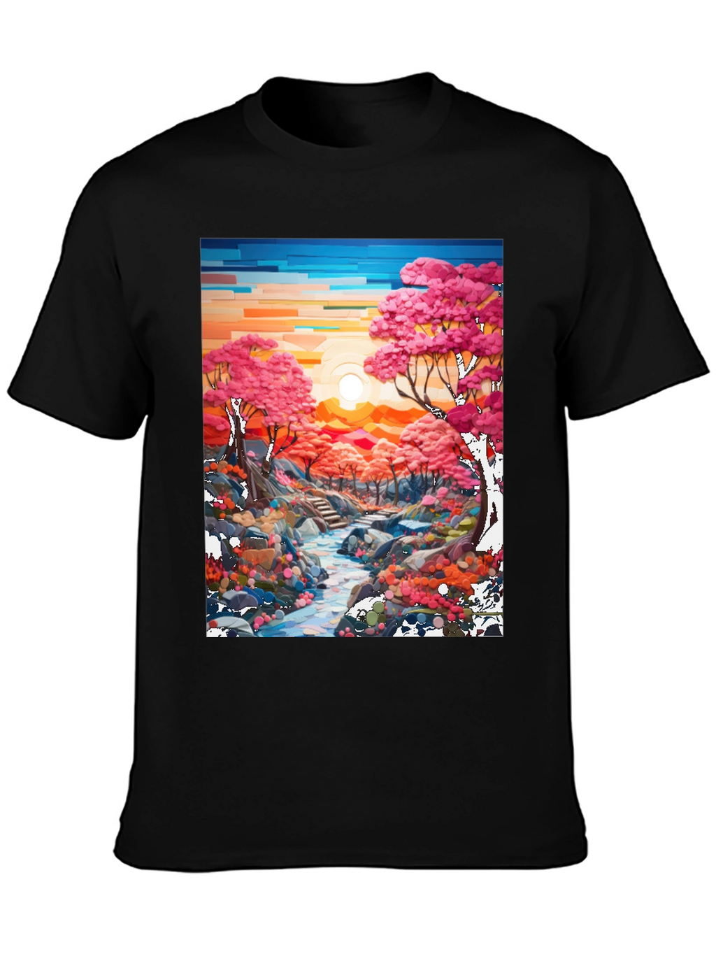 Cherry Blossom Stream Black T-Shirt