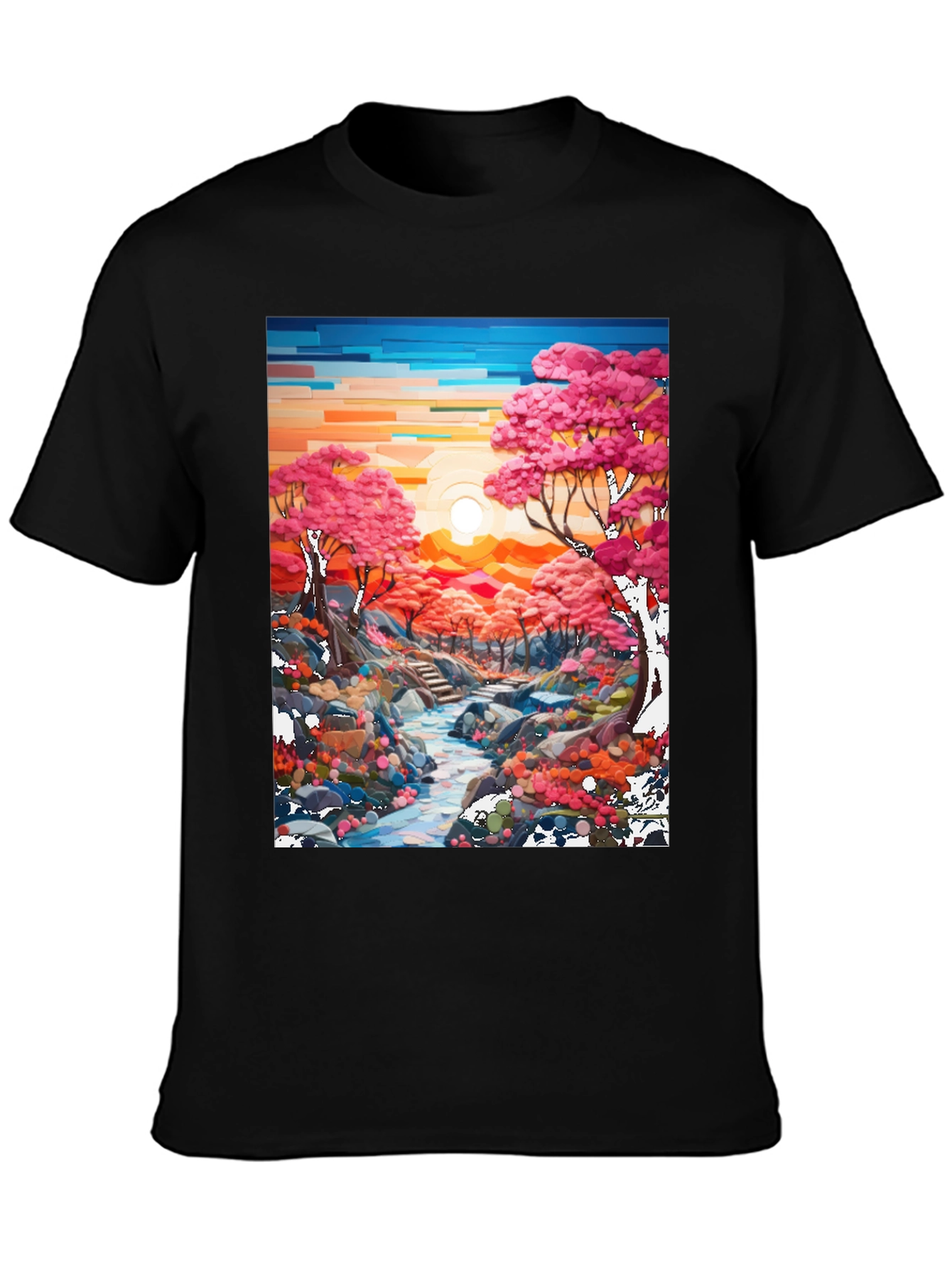 Cherry Blossom Stream Black T-Shirt