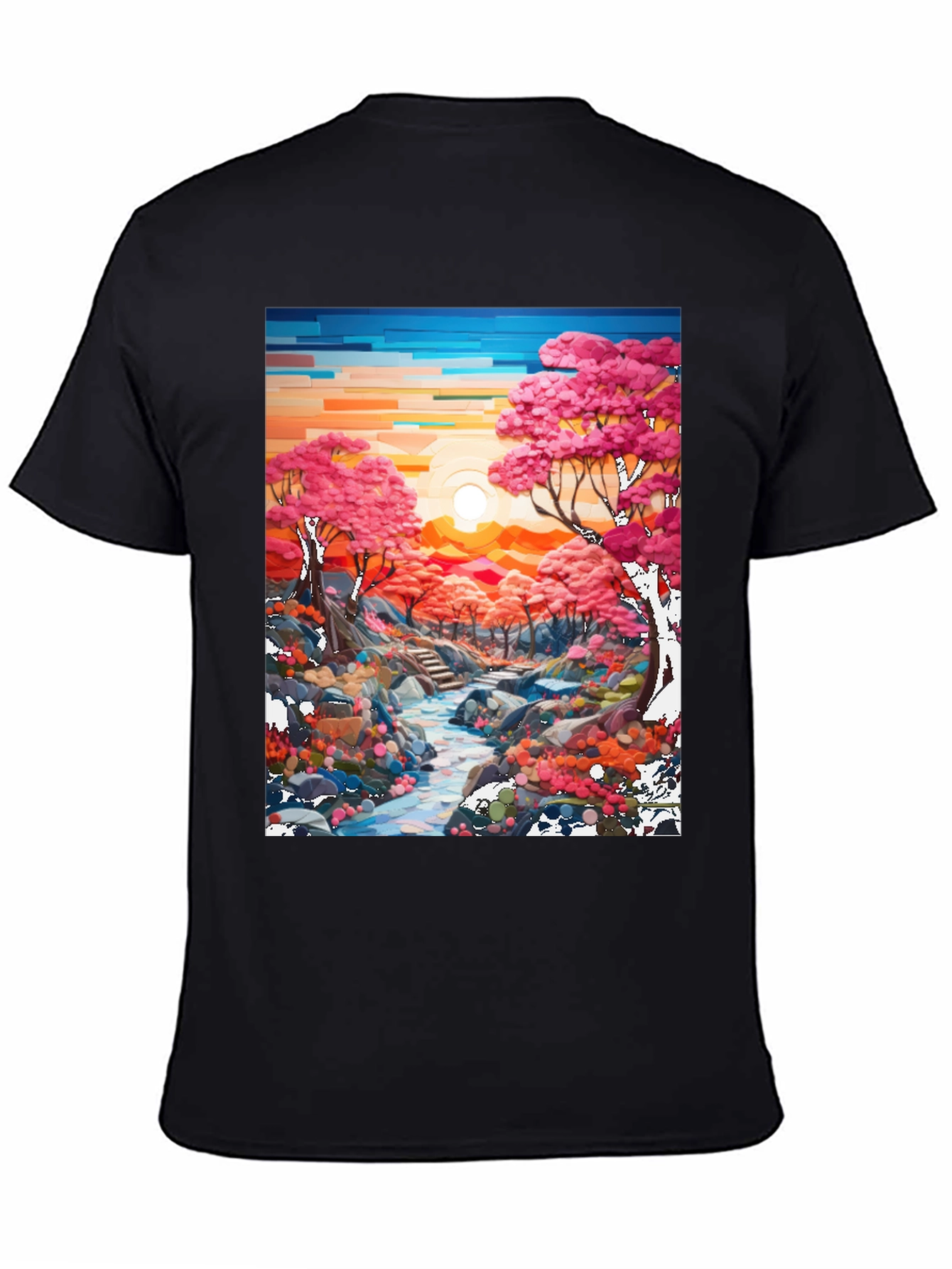Cherry Blossom Stream Black T-Shirt