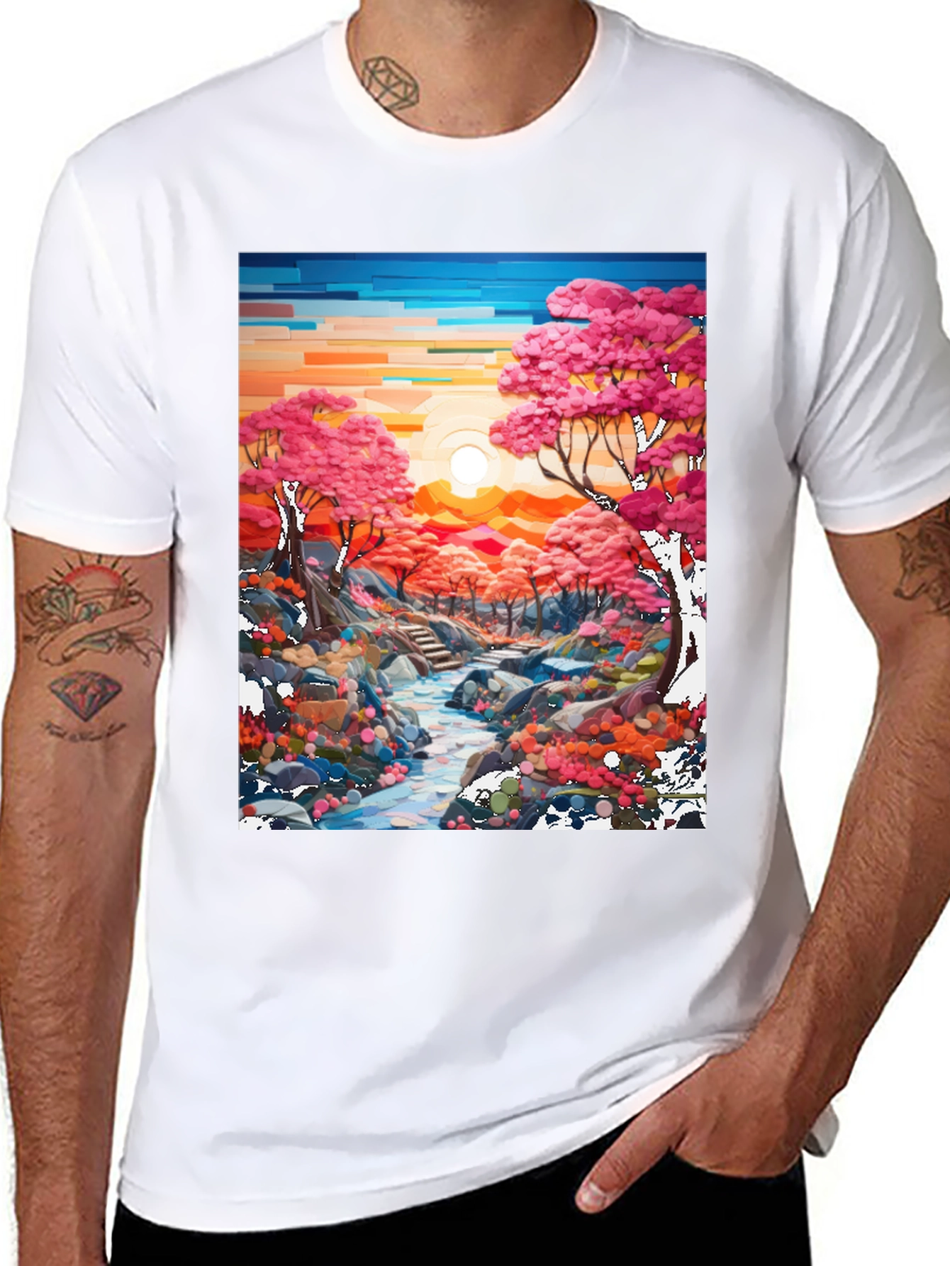 Cherry Blossom Stream Black T-Shirt